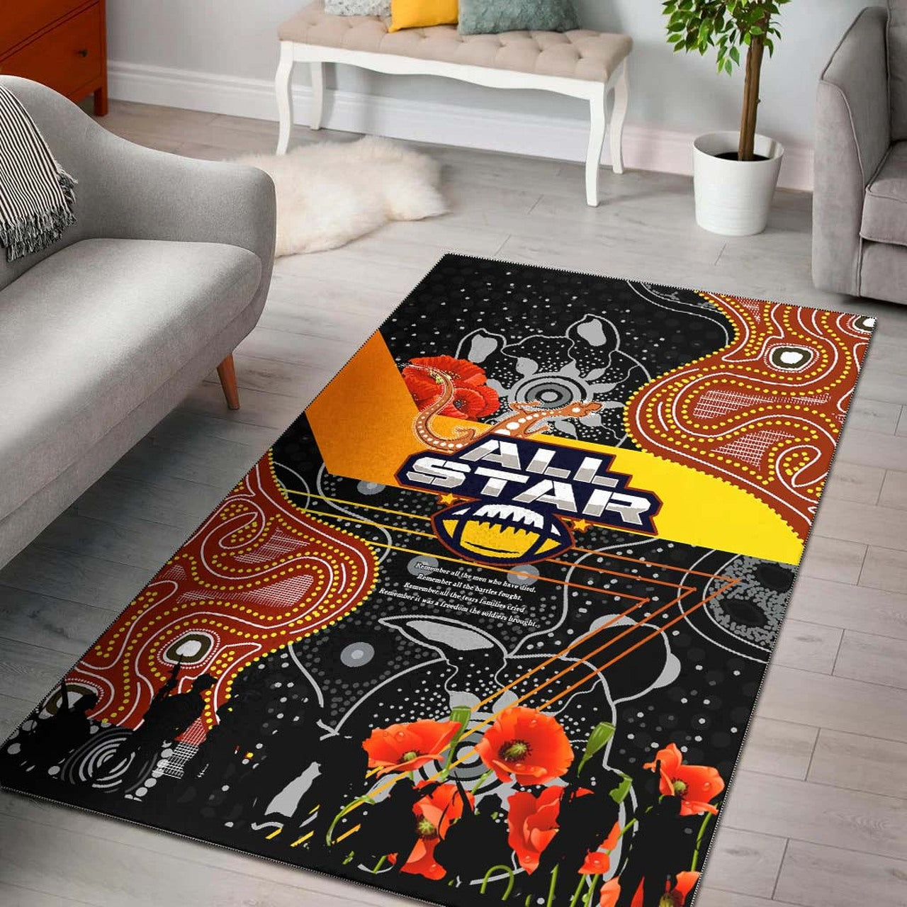 All Stars Rugby ANZAC Aboriginal Area Rug - All Stars with ANZAC Day with Poppy Flower Area Rug LT10 - Vibe Hoodie Shop