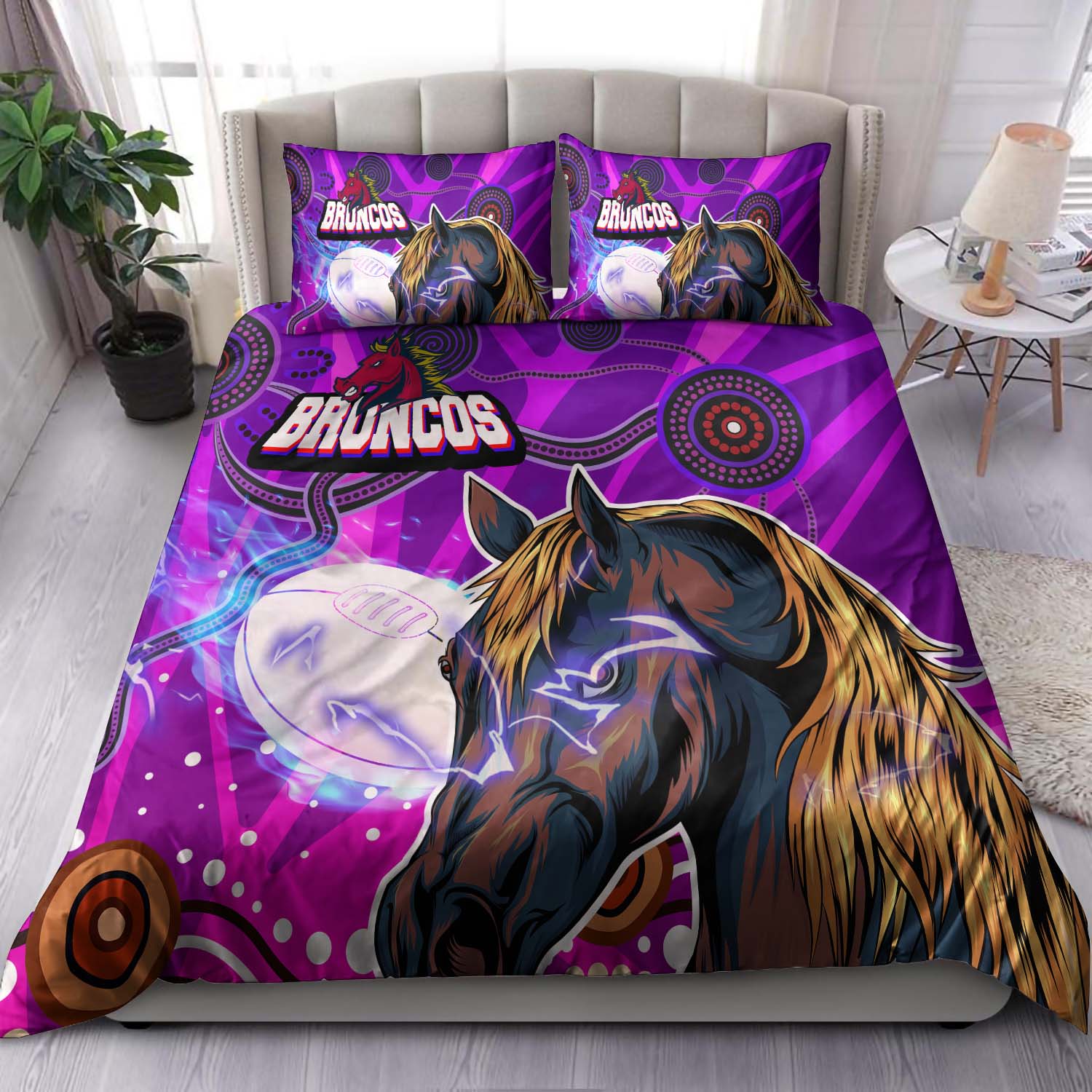 Broncos Rugby Bedding Set - Custom Broncos Horse Rugby with Aboriginal Low Poly Style Bedding Set - Vibe Hoodie Shop