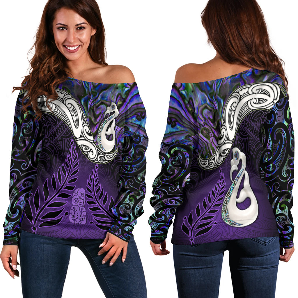 New Zealand Maori Off Shoulder Sweater - Manaia Paua Shell Glitter Purple LT4 - Vibe Hoodie Shop