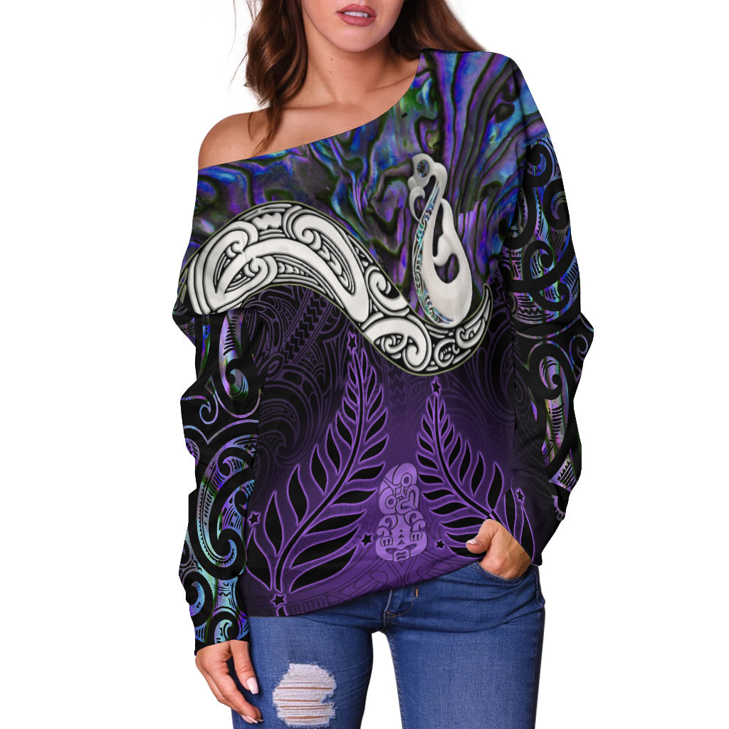 New Zealand Maori Off Shoulder Sweater - Manaia Paua Shell Glitter Purple LT4 - Vibe Hoodie Shop