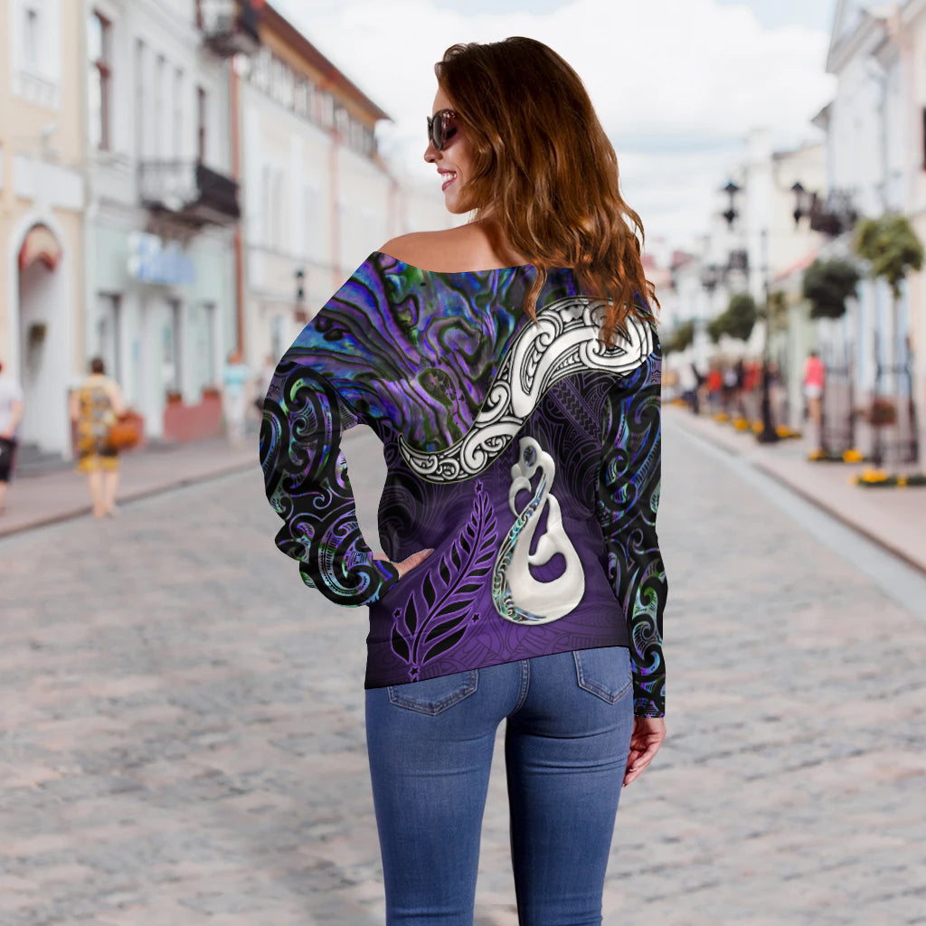 New Zealand Maori Off Shoulder Sweater - Manaia Paua Shell Glitter Purple LT4 - Vibe Hoodie Shop