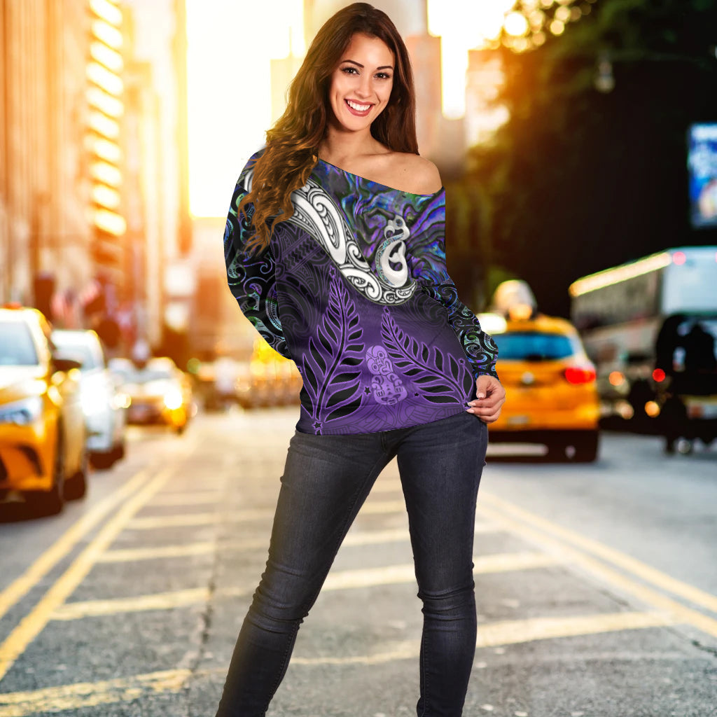 New Zealand Maori Off Shoulder Sweater - Manaia Paua Shell Glitter Purple LT4 - Vibe Hoodie Shop