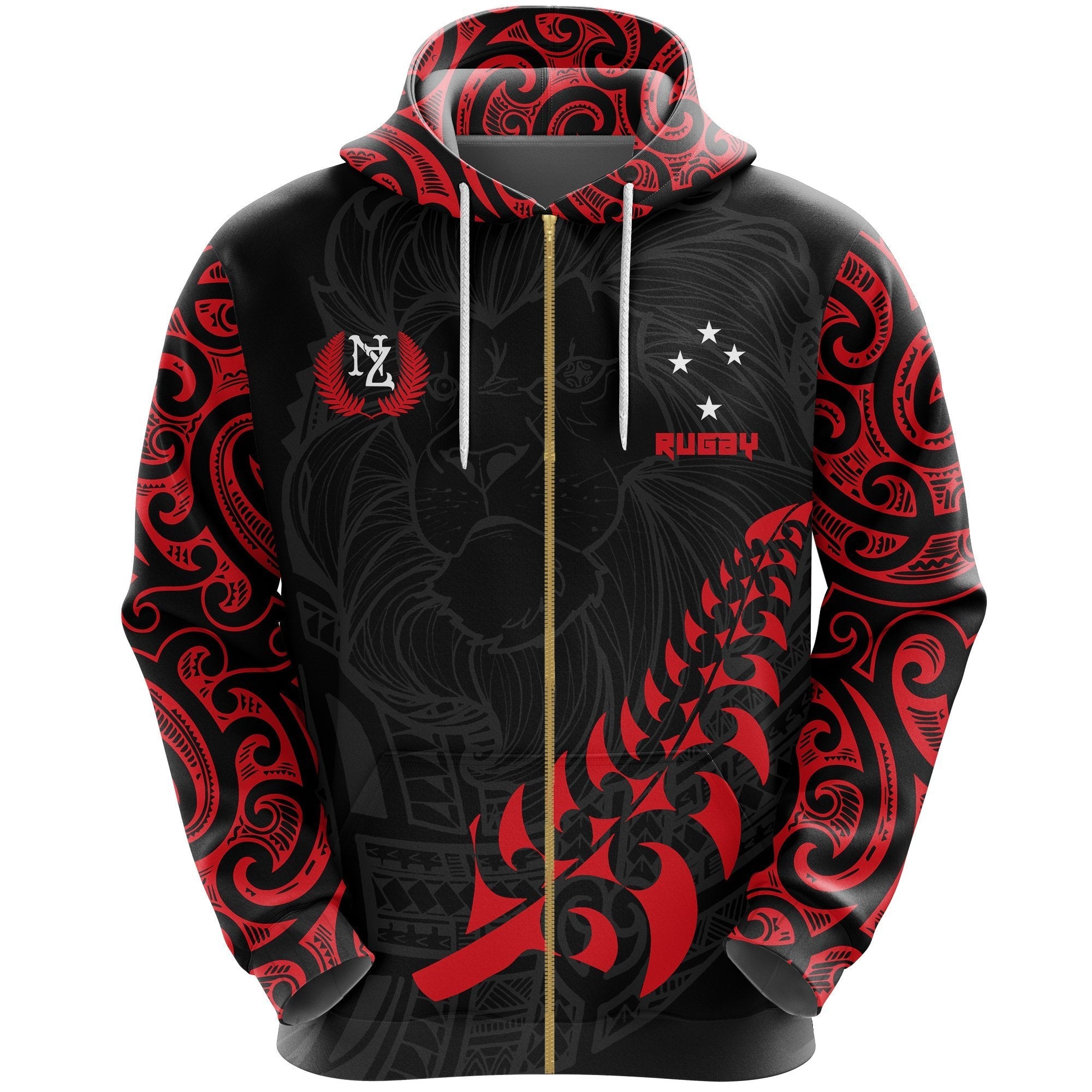 New Zealand Maori Lion Rugby Zip Hoodie - Red - Vibe Hoodie Shop
