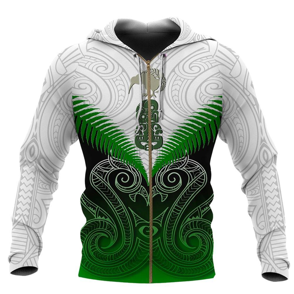 New Zealand Green Rugby Hoodie, Maori Manaia Zip Up Hoodie - Vibe Hoodie Shop