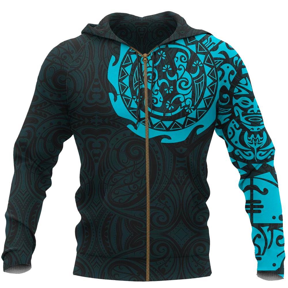 Maori Tangaroa Tattoo New Zealand Zip Hoodie - Blue - Vibe Hoodie Shop