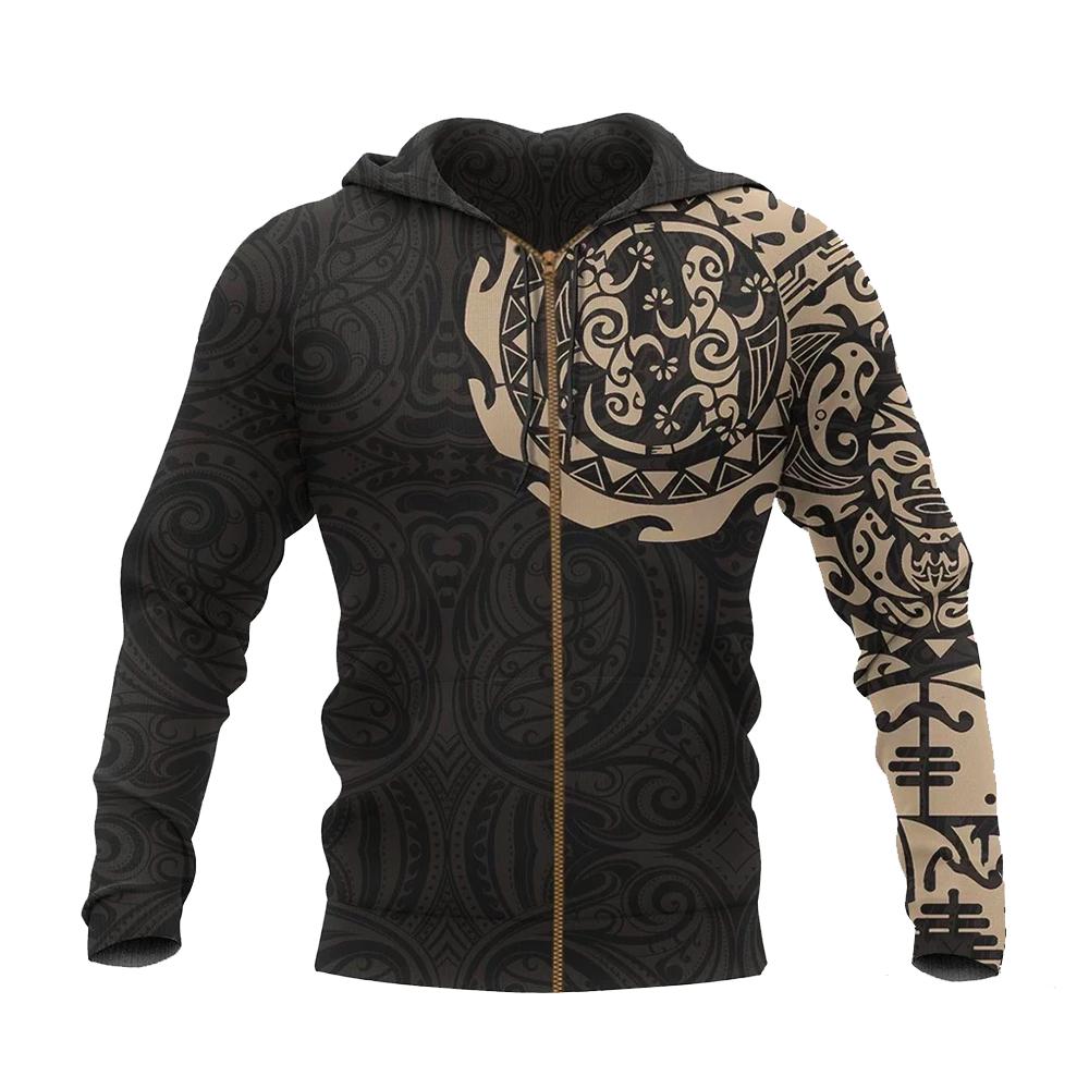 Maori Tattoo Hoodie, New Zealand Lizard Zip Up Hoodie Tan A75 Merchize - Vibe Hoodie Shop