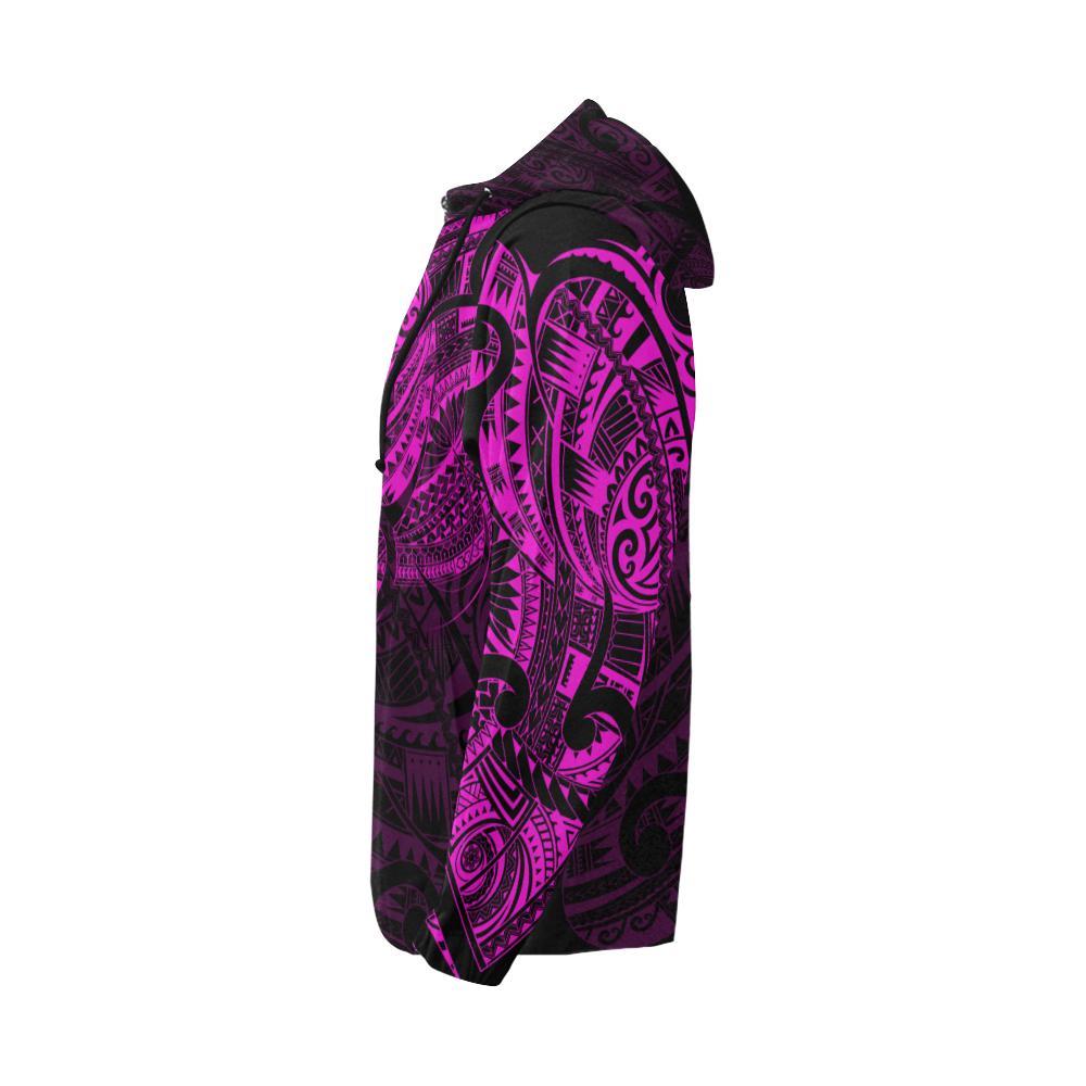 New Zealand Maori Tattoo All Over Print Zip Up Pink Hoodie - Vibe Hoodie Shop