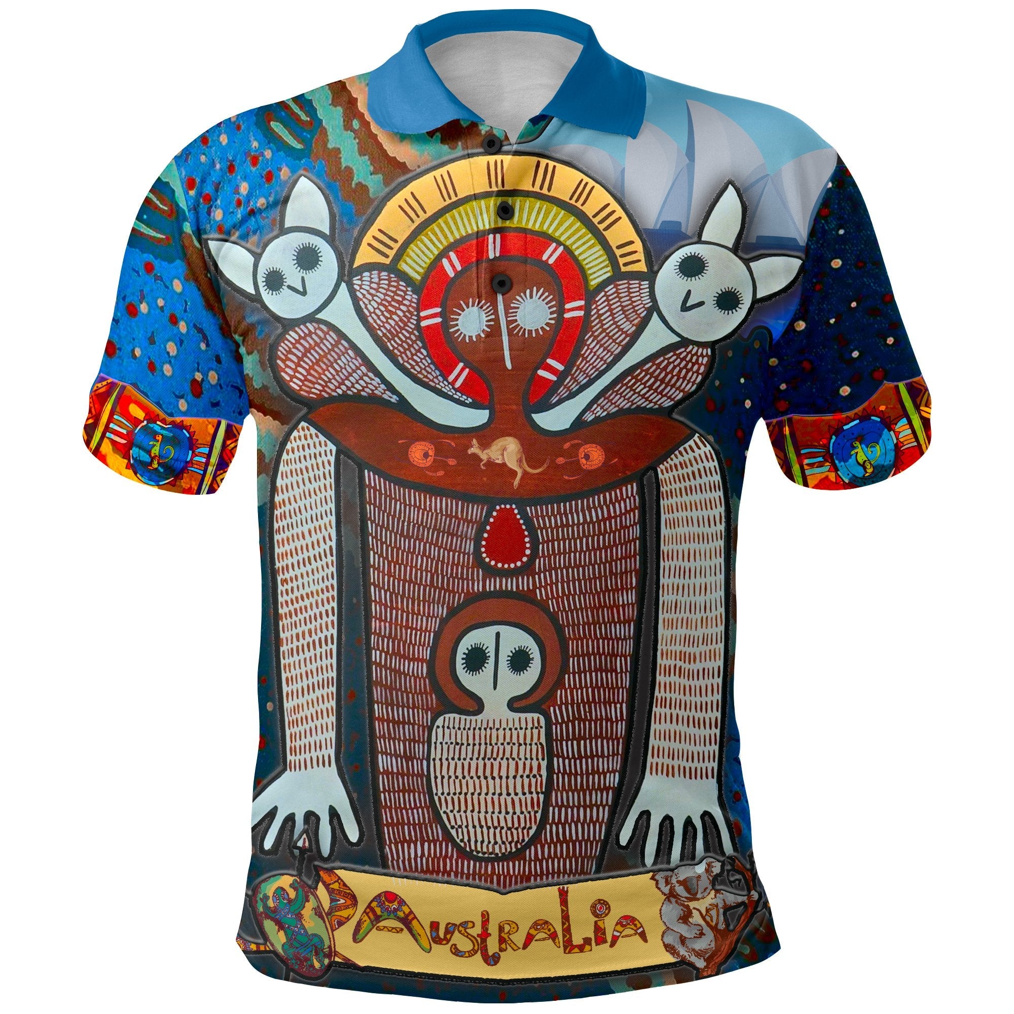 Wandjina Polo Shirt Blue Collar - Australian Aboriginal Mythology - My Australia - Vibe Hoodie Shop