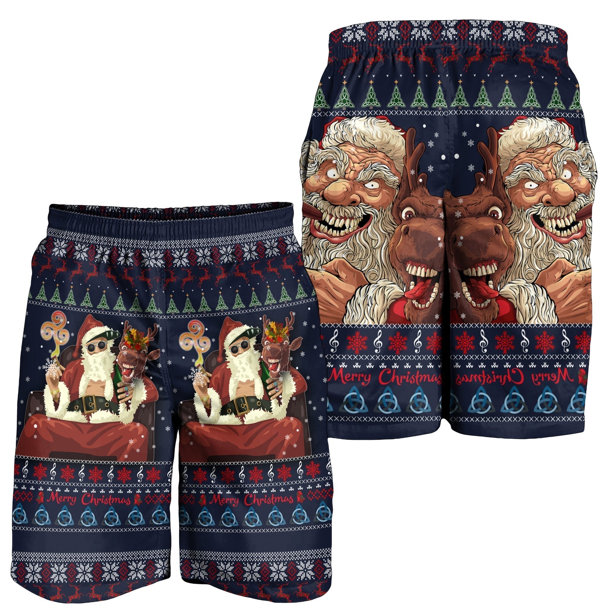 Celtic Ugly Christmas All Over Print Men's Shorts - Gangster Santa with Reindeer - - Vibe Hoodie Shop