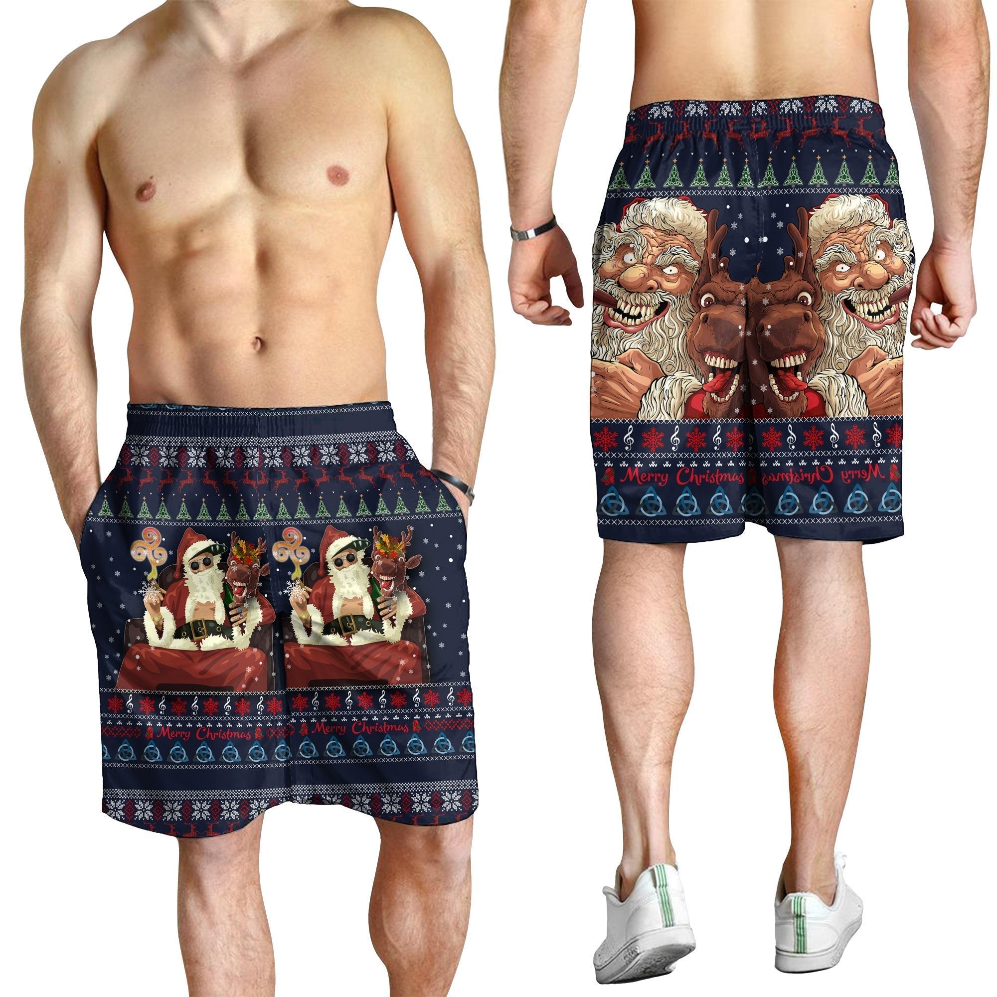 Celtic Ugly Christmas All Over Print Men's Shorts - Gangster Santa with Reindeer - - Vibe Hoodie Shop