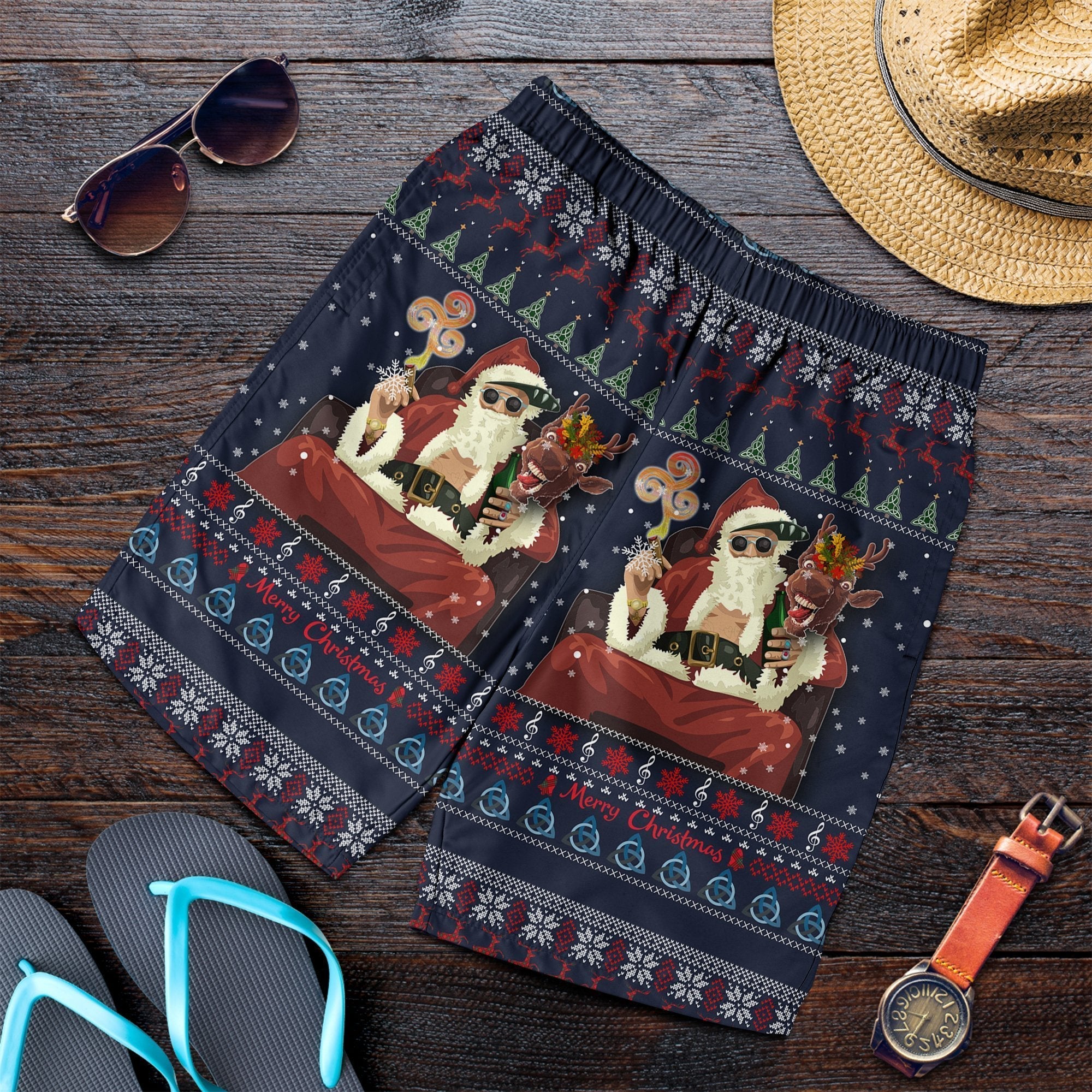 Celtic Ugly Christmas All Over Print Men's Shorts - Gangster Santa with Reindeer - - Vibe Hoodie Shop