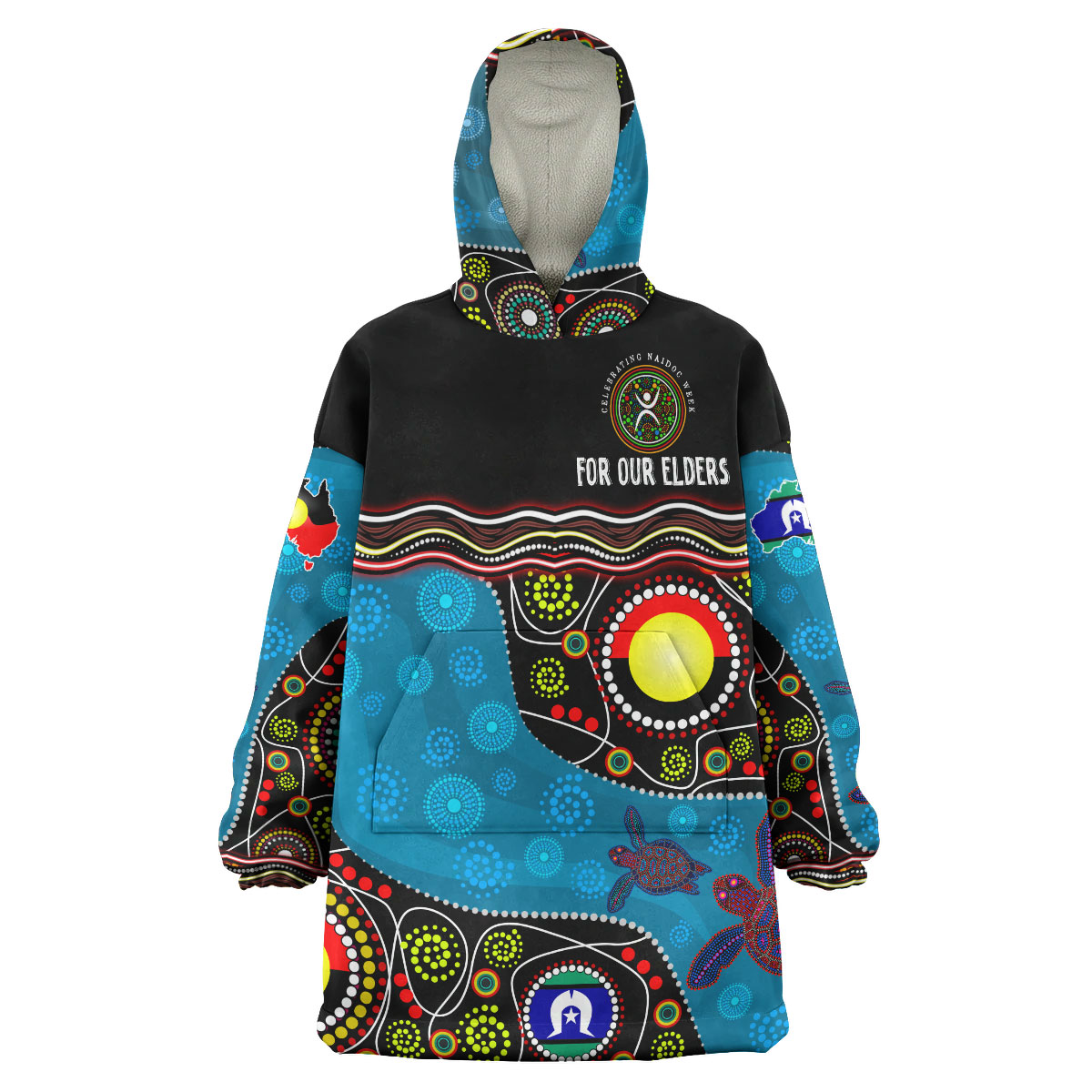 NAIDOC Week 2023 Wearable Blanket Hoodie - Australia Culture Art With River And Tortoise Aboriginal Inspired Dot Art Wearable Blanket Hoodie - Vibe Hoodie Shop