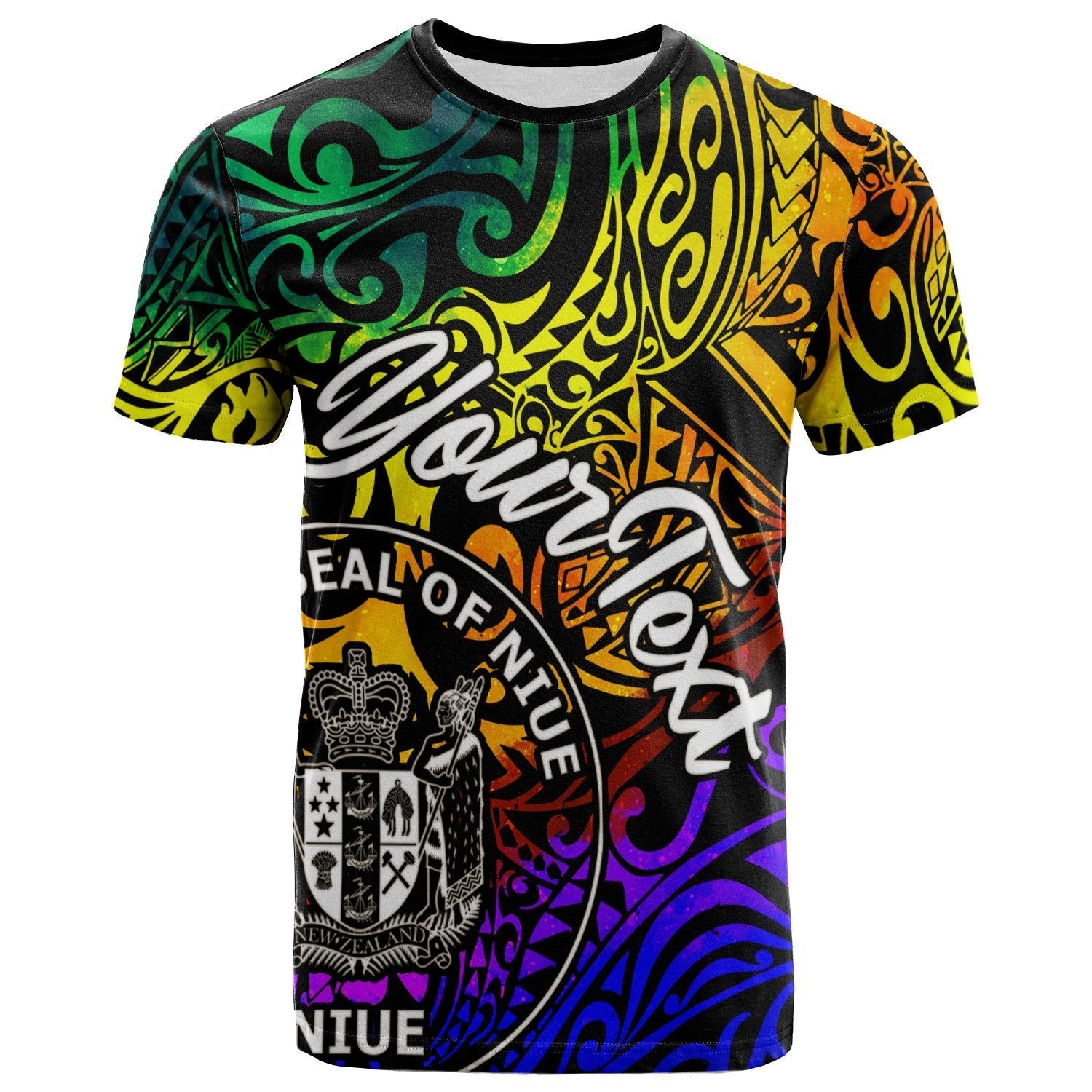 Niue Custom Personalised T shirt - Rainbow Polynesian Pattern - Vibe Hoodie Shop