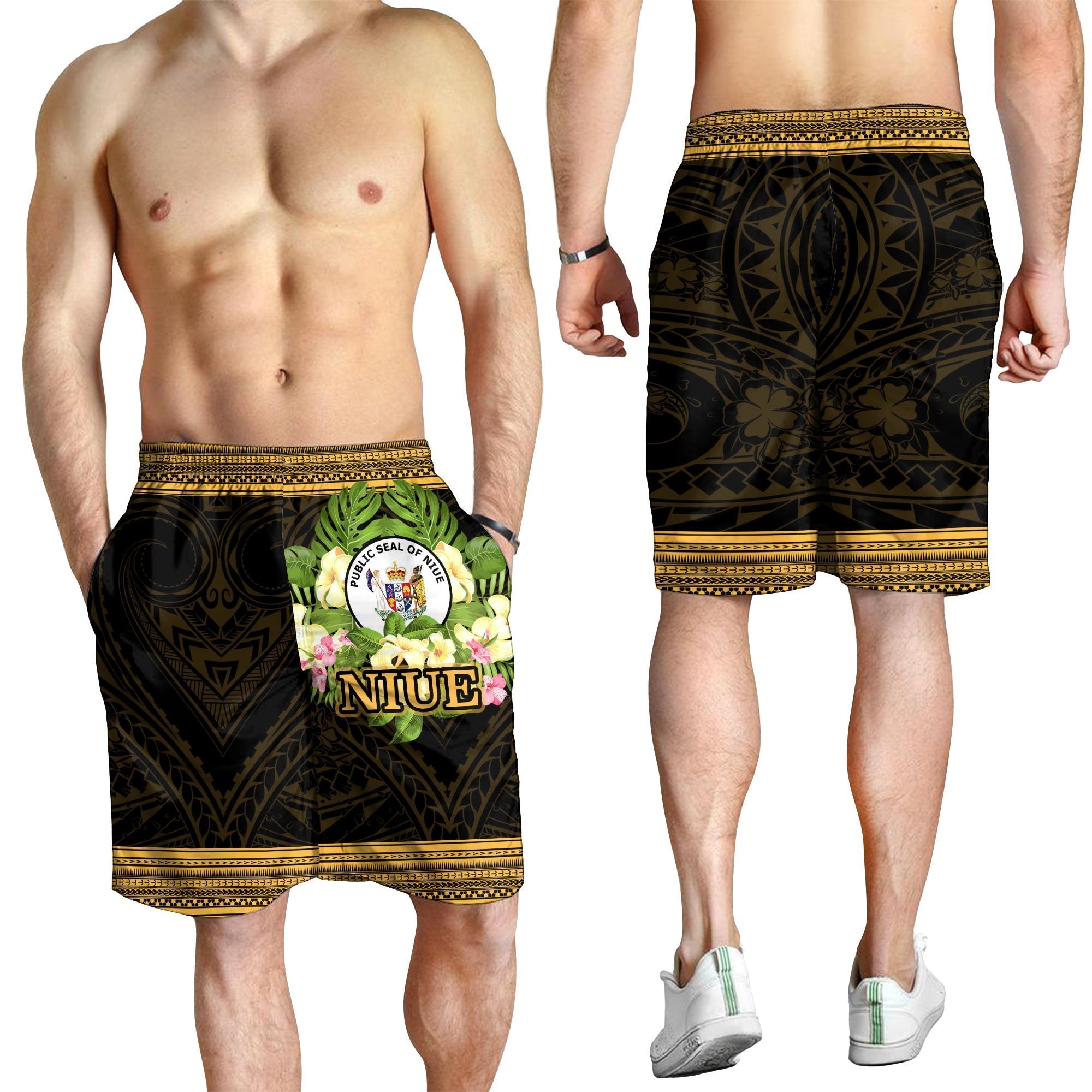 Niue Men's Shorts - Polynesian Gold Patterns Collection - Vibe Hoodie Shop