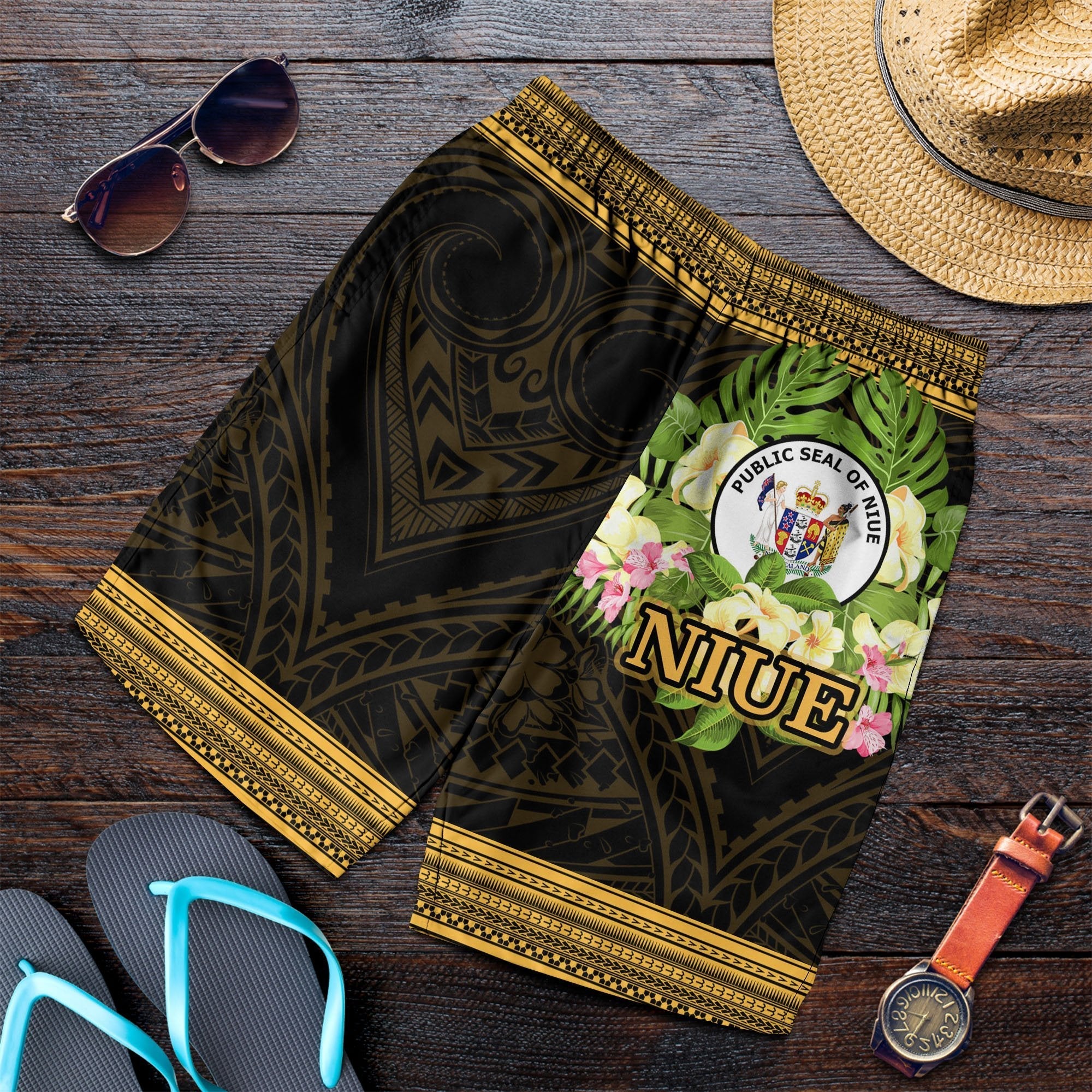 Niue Men's Shorts - Polynesian Gold Patterns Collection - Vibe Hoodie Shop