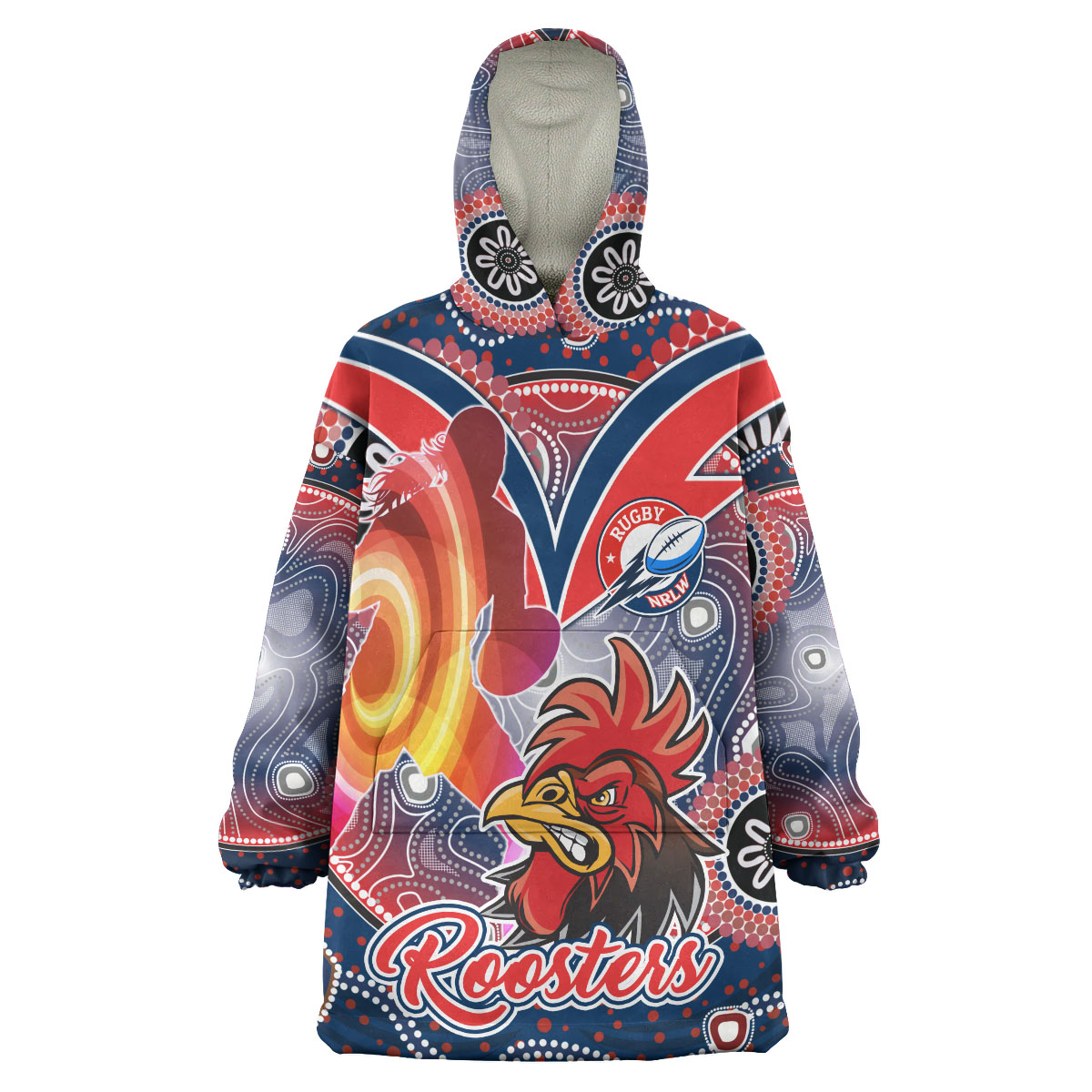 NRLW Roosters Rugby Snug Hoodie - Custom Rugby Ball Indigenous Aboriginal Roosters Women Wearable Blanket Hoodie - Vibe Hoodie Shop