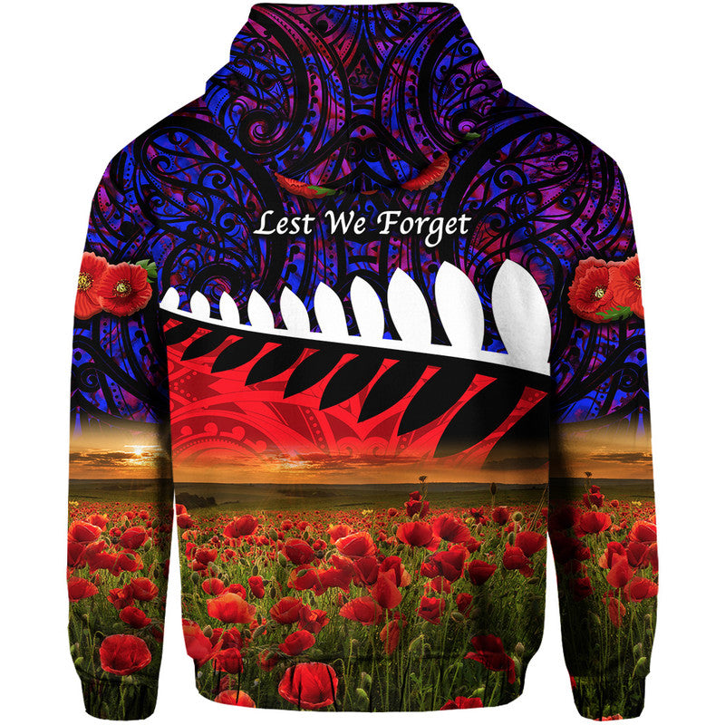 New Zealand Maori ANZAC Zip Up And Pullover Hoodie Poppy Vibes - Purple LT8 - Vibe Hoodie Shop