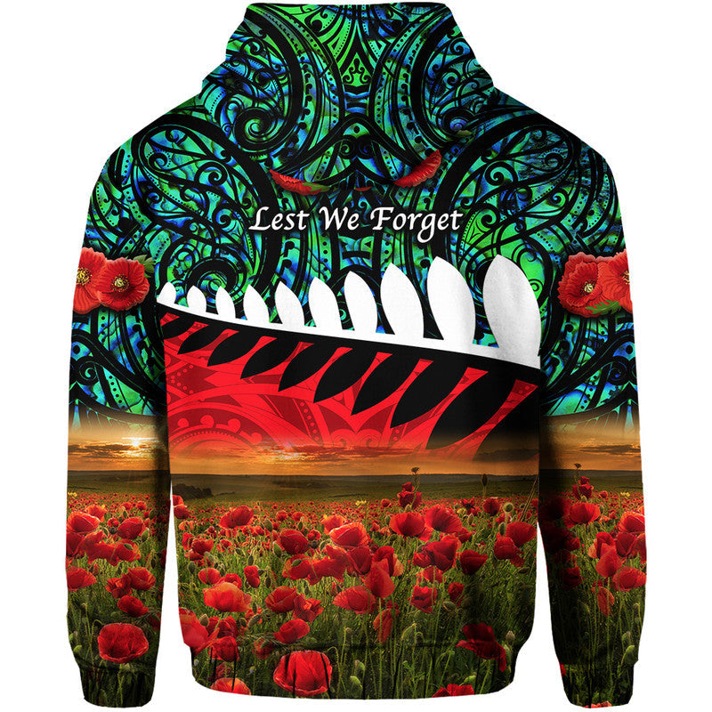 New Zealand Maori ANZAC Zip Up And Pullover Hoodie Poppy Vibes - Turquoise LT8 - Vibe Hoodie Shop