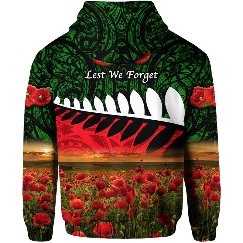 New Zealand Maori ANZAC Zip Up And Pullover Hoodie Poppy Vibes - Green LT8 - Vibe Hoodie Shop