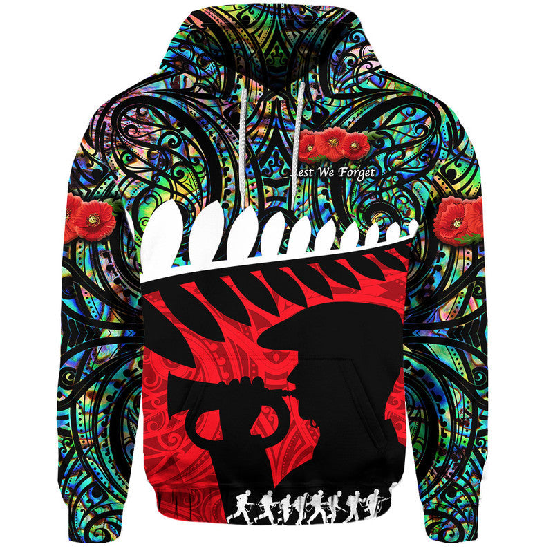 New Zealand Maori ANZAC Zip Up And Pullover Hoodie Remembrance Soldier - Paua Shell LT8 - Vibe Hoodie Shop