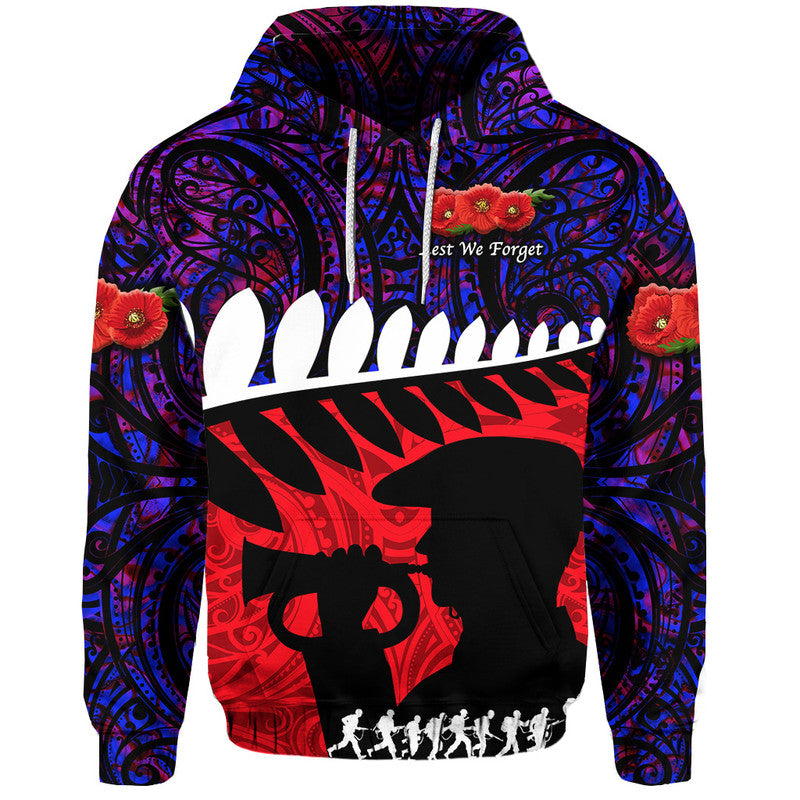 New Zealand Maori ANZAC Zip Up And Pullover Hoodie Remembrance Soldier - Purple LT8 - Vibe Hoodie Shop