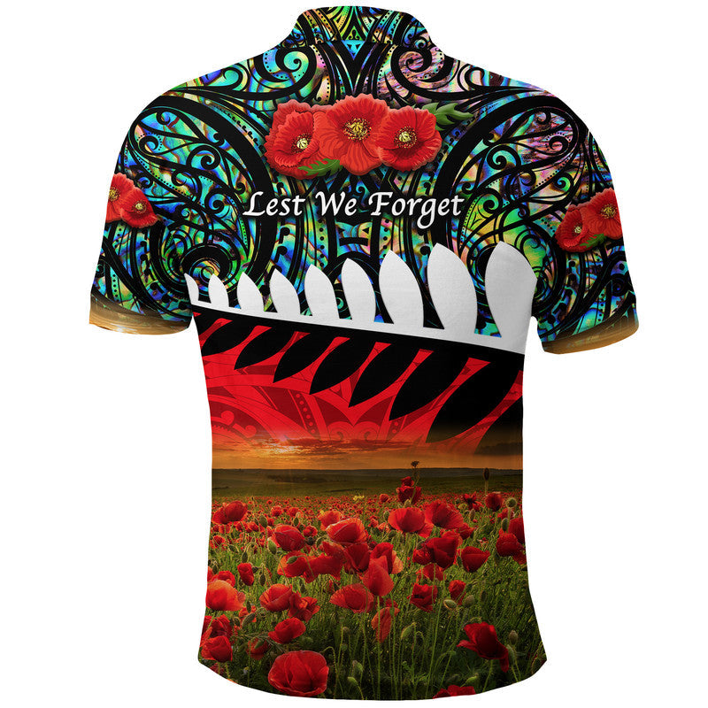 New Zealand Maori ANZAC Polo Shirt Poppy Vibes - Paua Shell - Vibe Hoodie Shop