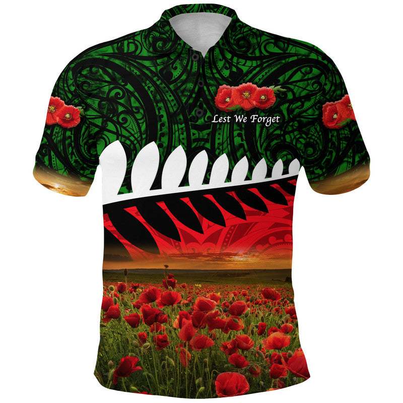 New Zealand Maori ANZAC Polo Shirt Poppy Vibes - Green - Vibe Hoodie Shop