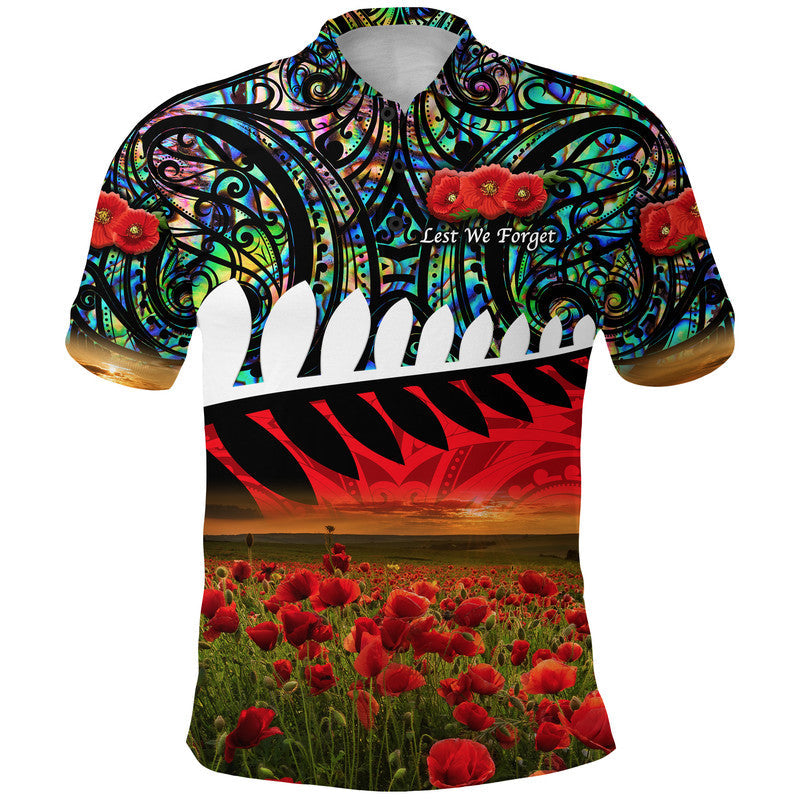 (Custom Personalised) New Zealand Maori ANZAC Polo Shirt Poppy Vibes - Paua Shell - Vibe Hoodie Shop