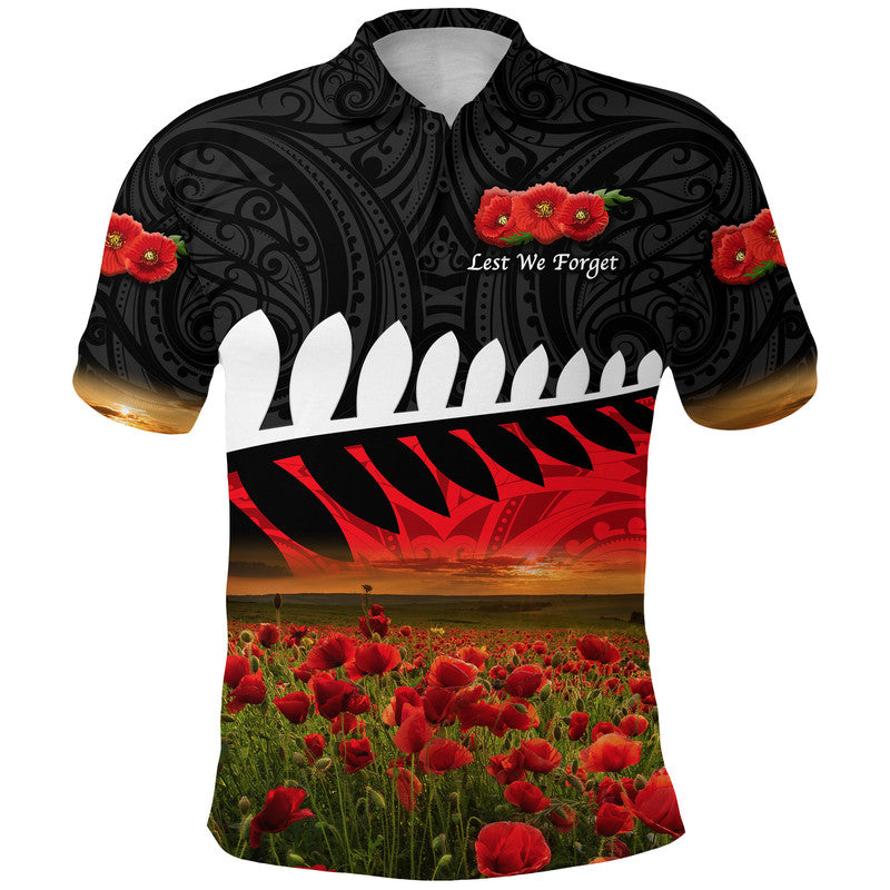 (Custom Personalised) New Zealand Maori ANZAC Polo Shirt Poppy Vibes - Black - Vibe Hoodie Shop