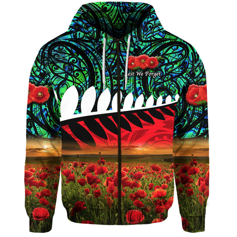 New Zealand Maori ANZAC Zip Up And Pullover Hoodie Poppy Vibes - Turquoise LT8 - Vibe Hoodie Shop