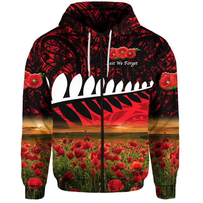 New Zealand Maori ANZAC Zip Up And Pullover Hoodie Poppy Vibes - Red LT8 - Vibe Hoodie Shop