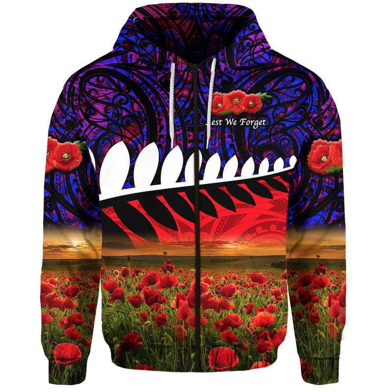 New Zealand Maori ANZAC Zip Up And Pullover Hoodie Poppy Vibes - Purple LT8 - Vibe Hoodie Shop