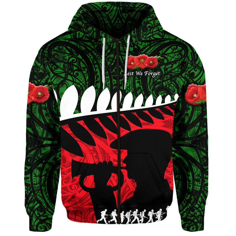 (Custom Personalised) New Zealand Maori ANZAC Zip Up And Pullover Hoodie Remembrance Soldier - Green LT8 - Vibe Hoodie Shop