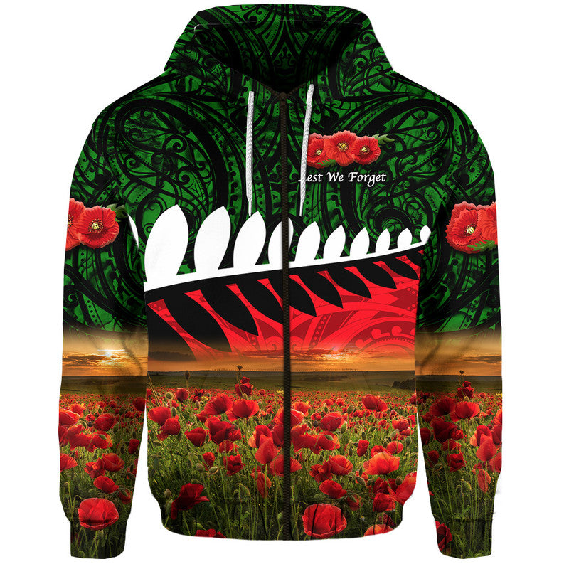 New Zealand Maori ANZAC Zip Up And Pullover Hoodie Poppy Vibes - Green LT8 - Vibe Hoodie Shop