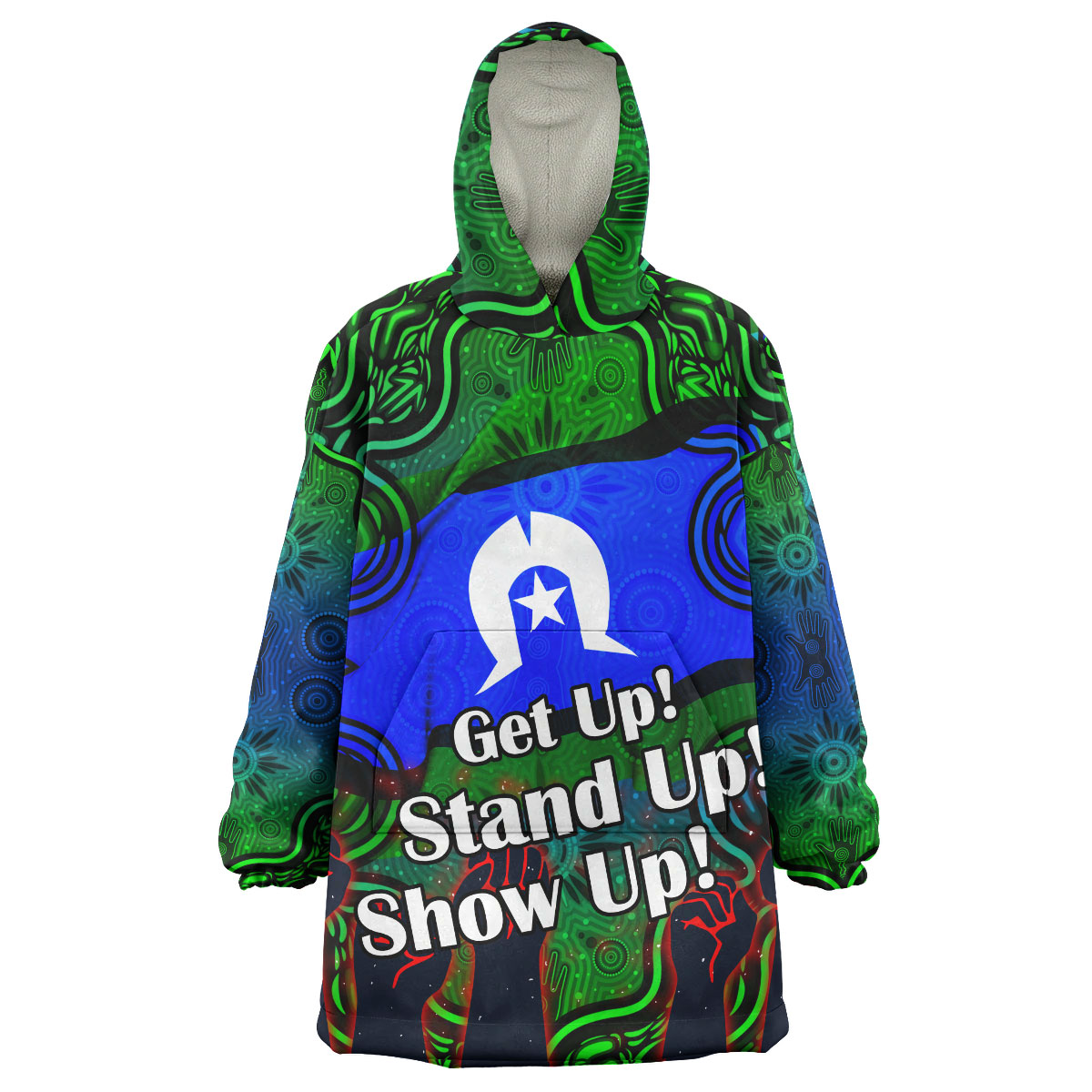 NAIDOC Week 2023 Wearable Blanket Hoodie - Custom Black Raised Hands With Aboriginal Inspired Patterns Wearable Blanket Hoodie - Vibe Hoodie Shop