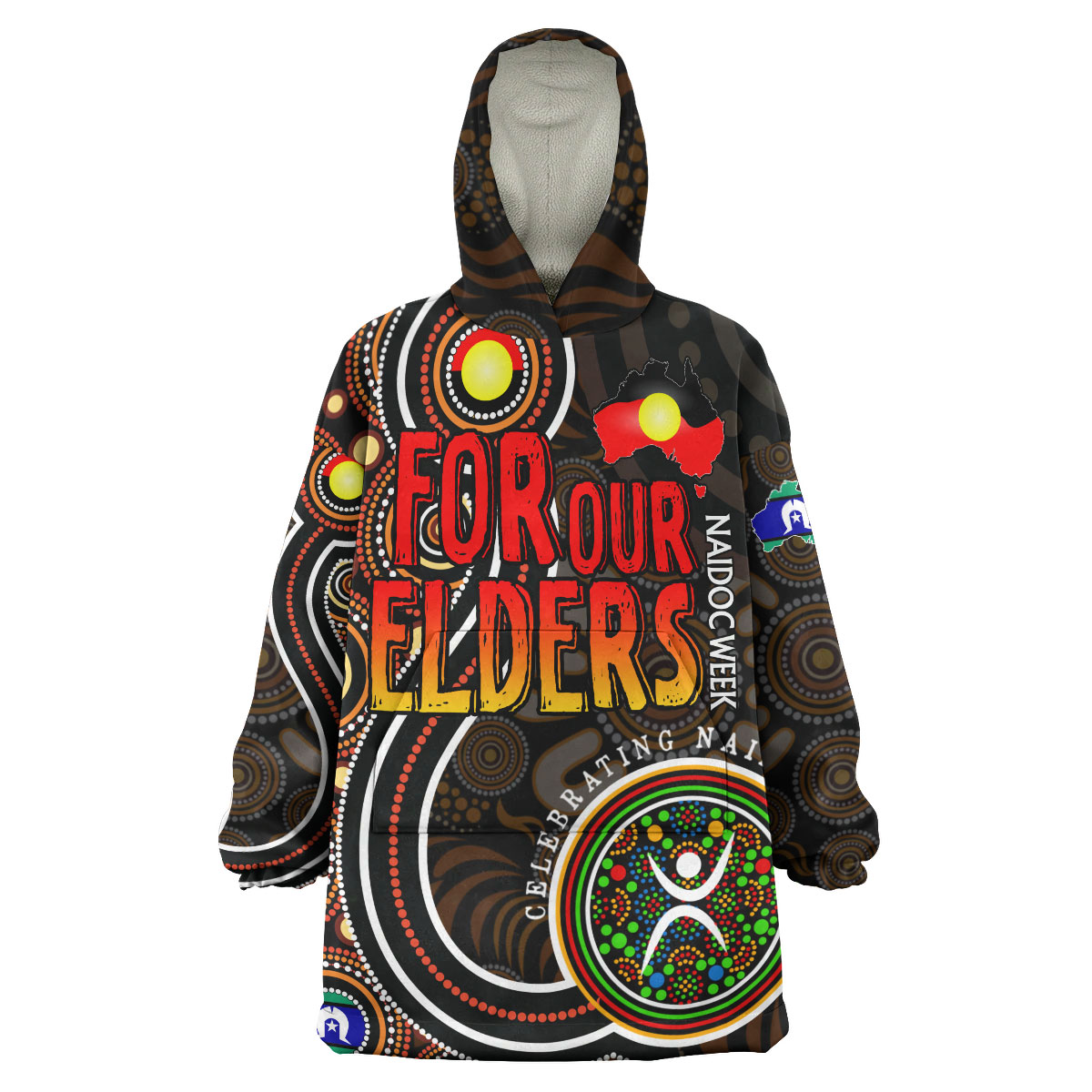 NAIDOC Week 2023 Wearable Blanket Hoodie - For Our Elders Aboriginal Inspired Dot Art Wearable Blanket Hoodie - Vibe Hoodie Shop