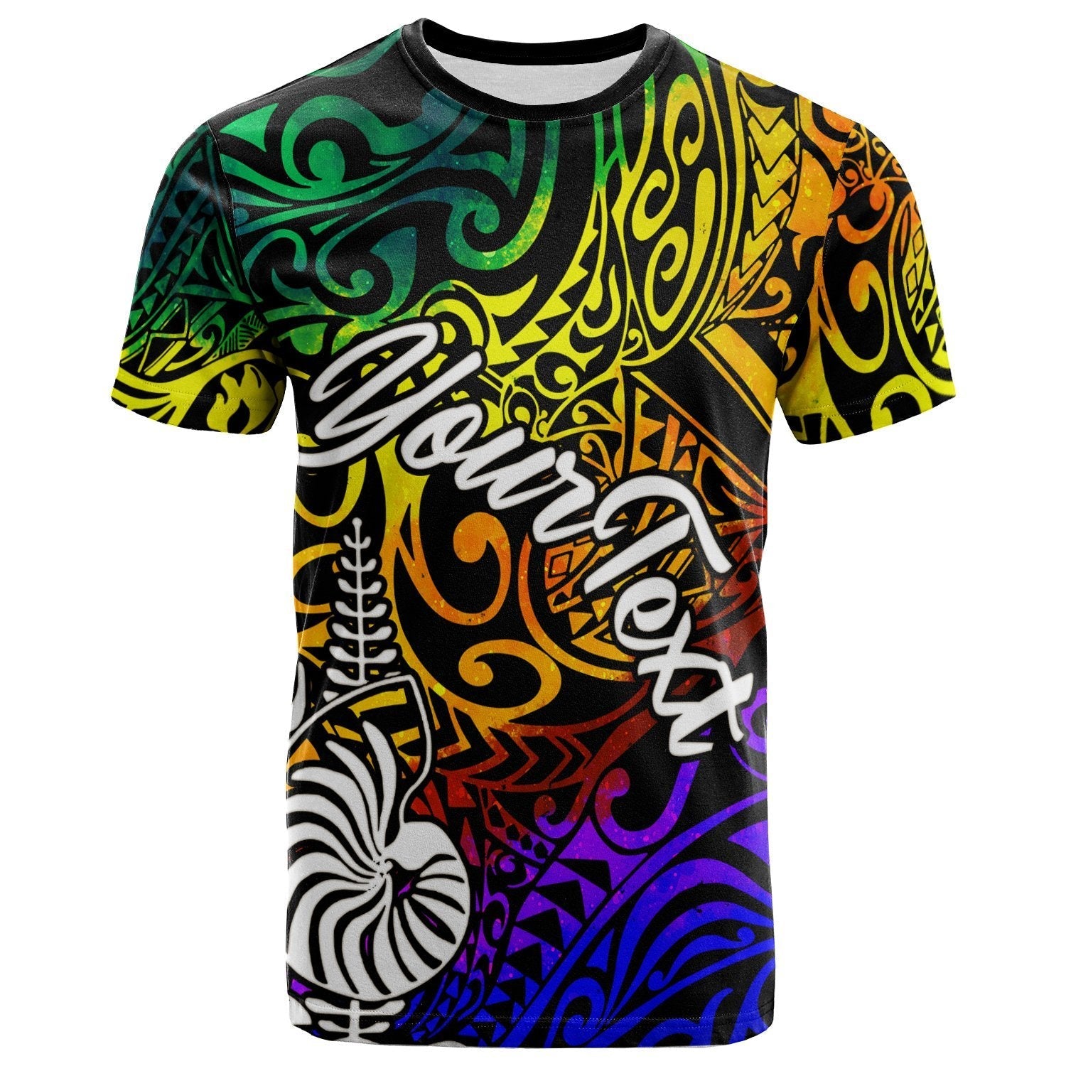 New Caledonia Custom Personalised T shirt - Rainbow Polynesian Pattern - Vibe Hoodie Shop