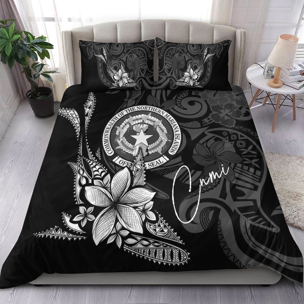 Northern Mariana Islands Bedding Set - Fish With Plumeria Flowers Style - Vibe Hoodie Shop