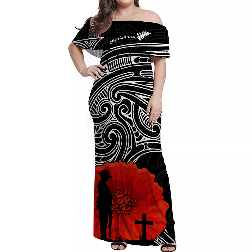 New Zealand ANZAC 2022 Off Shoulder Long Dress Maori Mix Fern Poppy - Vibe Hoodie Shop