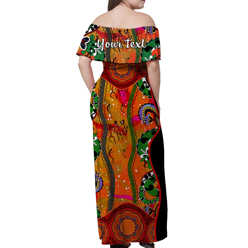 (Custom Personalised) Off Shoulder Long Dress Aboriginal Aussie Indigenous Patterns Orange - Vibe Hoodie Shop