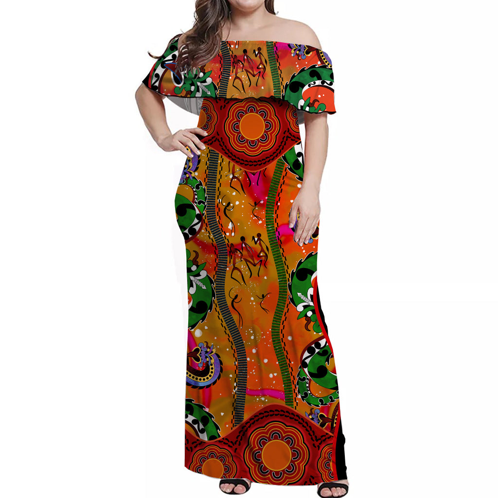 (Custom Personalised) Off Shoulder Long Dress Aboriginal Aussie Indigenous Patterns Orange - Vibe Hoodie Shop