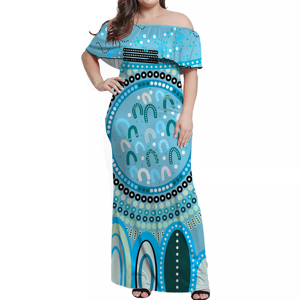 Aboriginal Stand Up Off Shoulder Long Dress Circle Dot with Lizard Version Blue - Vibe Hoodie Shop