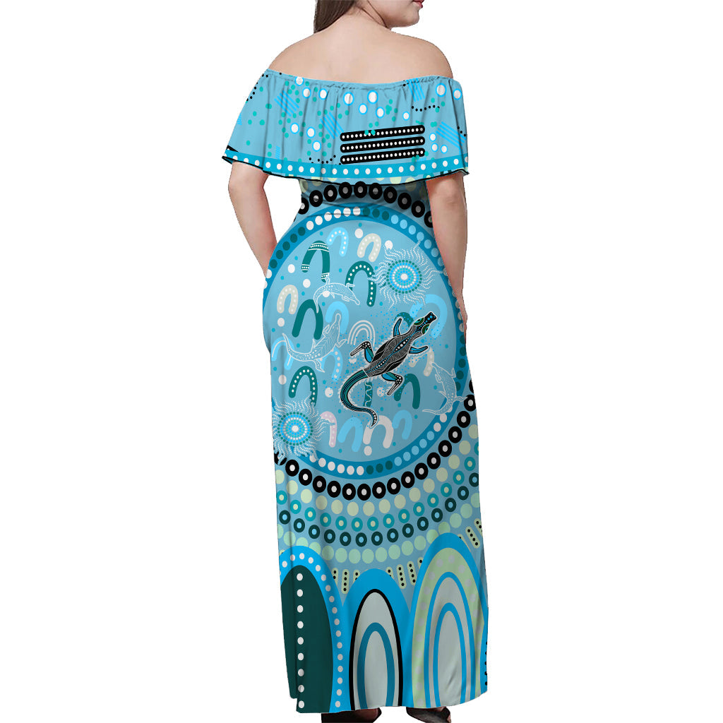 Aboriginal Stand Up Off Shoulder Long Dress Circle Dot with Lizard Version Blue - Vibe Hoodie Shop