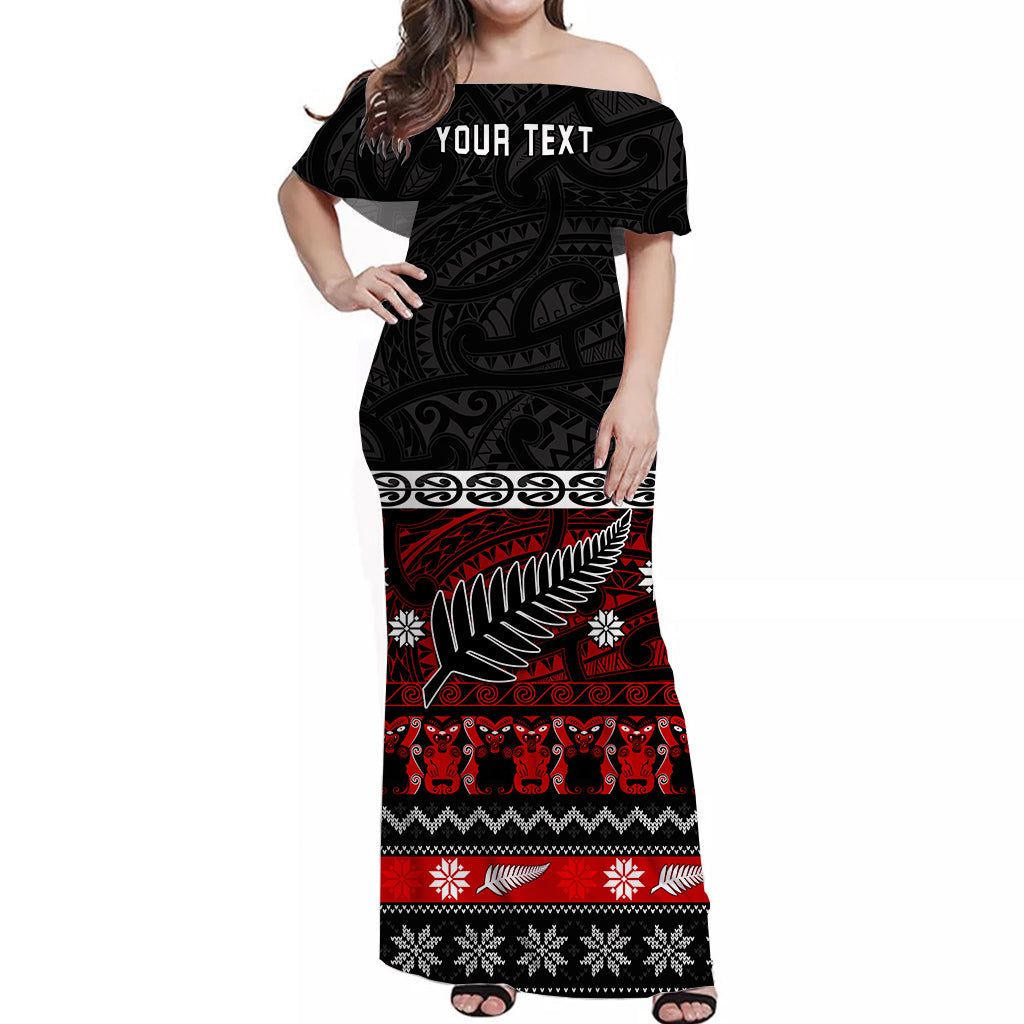 (Custom Personalised) New Zealand Silver Fern Christmas Off Shoulder Long Dress Maori Meri Kirihimete - Vibe Hoodie Shop