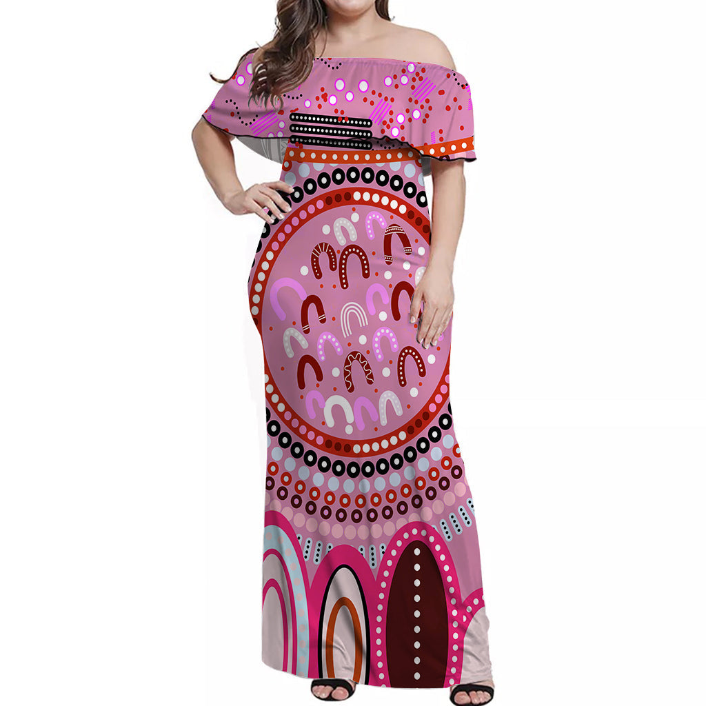 Aboriginal Stand Up Off Shoulder Long Dress Circle Dot with Lizard Version Pink - Vibe Hoodie Shop