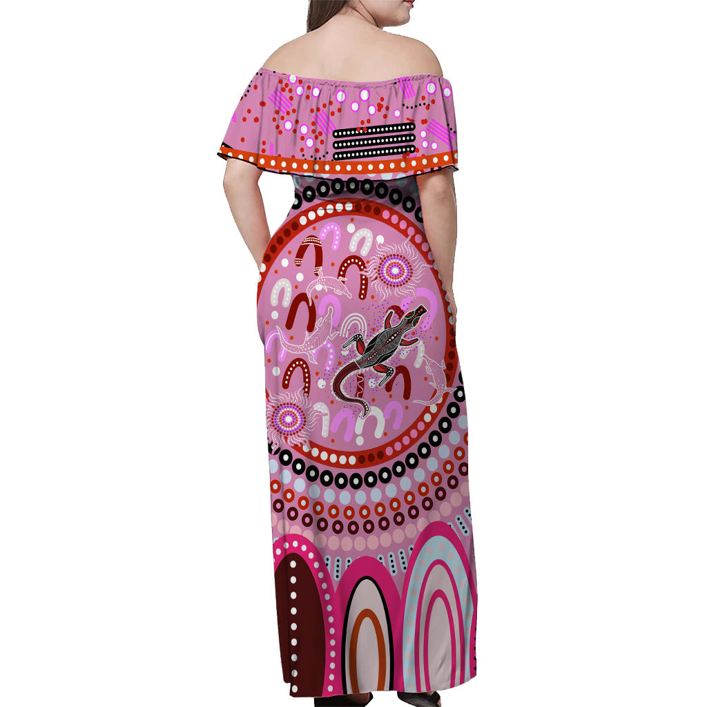 Aboriginal Stand Up Off Shoulder Long Dress Circle Dot with Lizard Version Pink - Vibe Hoodie Shop