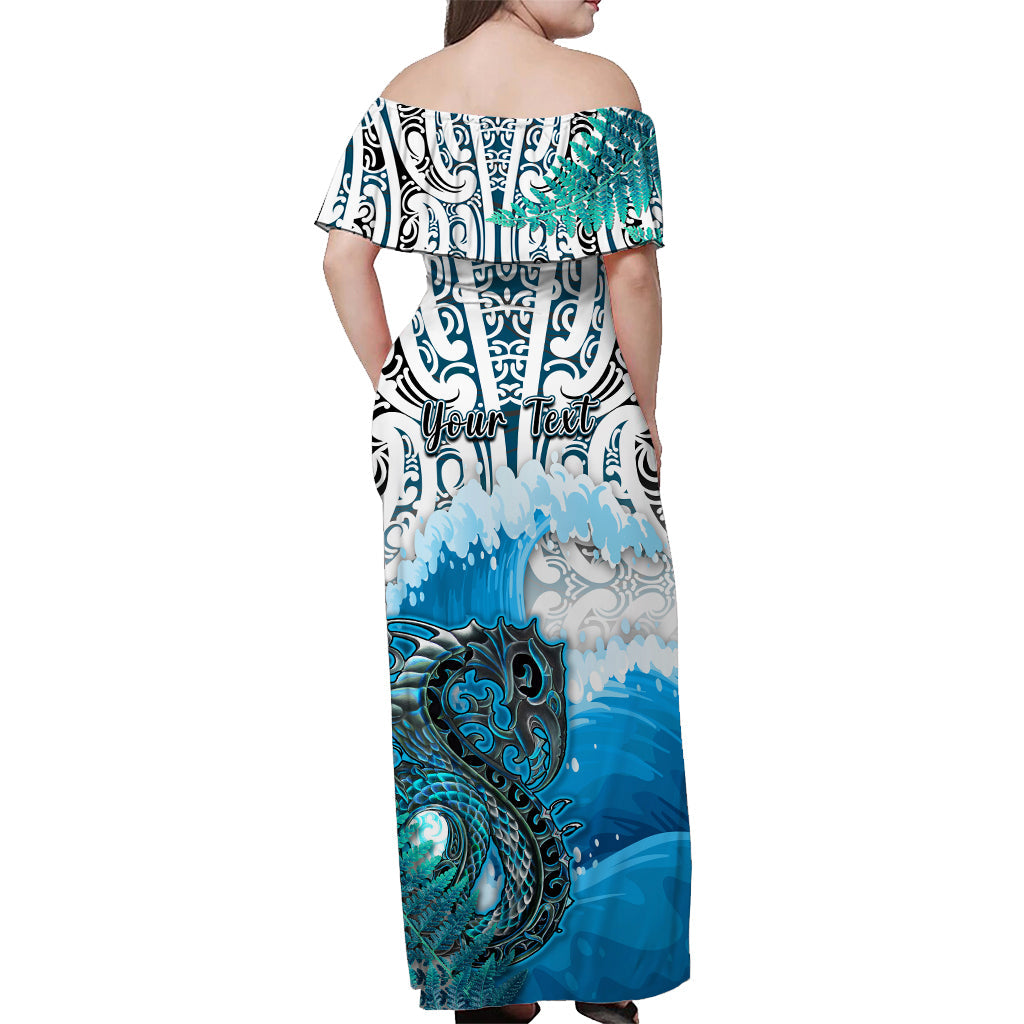 (Custom Personalised) Manaia Maori Off Shoulder Long Dress Fern Aotearoa Blue Waves - Vibe Hoodie Shop