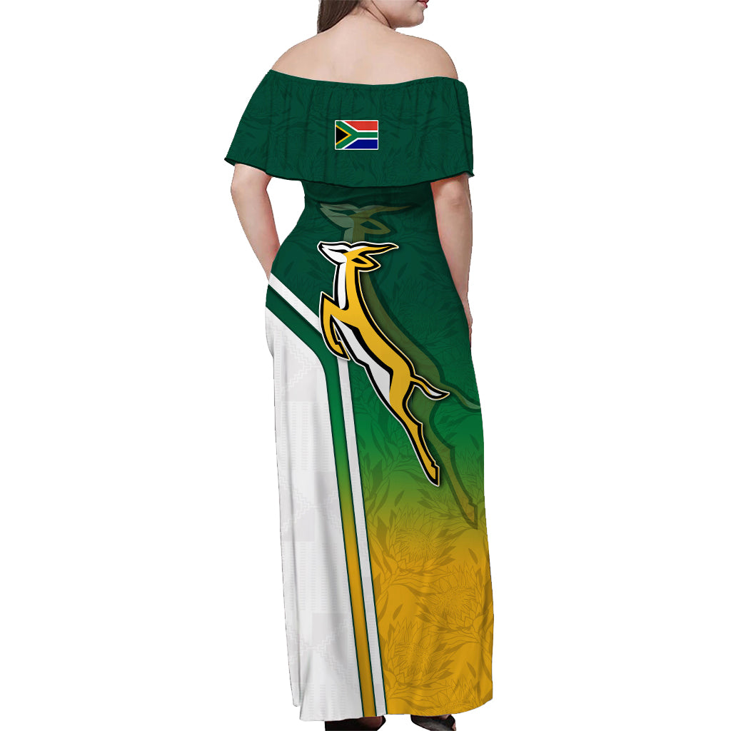 (Custom Personalised) South Africa Rugby Off Shoulder Long Dress Protea Flower Springboks Go Bokke - Vibe Hoodie Shop