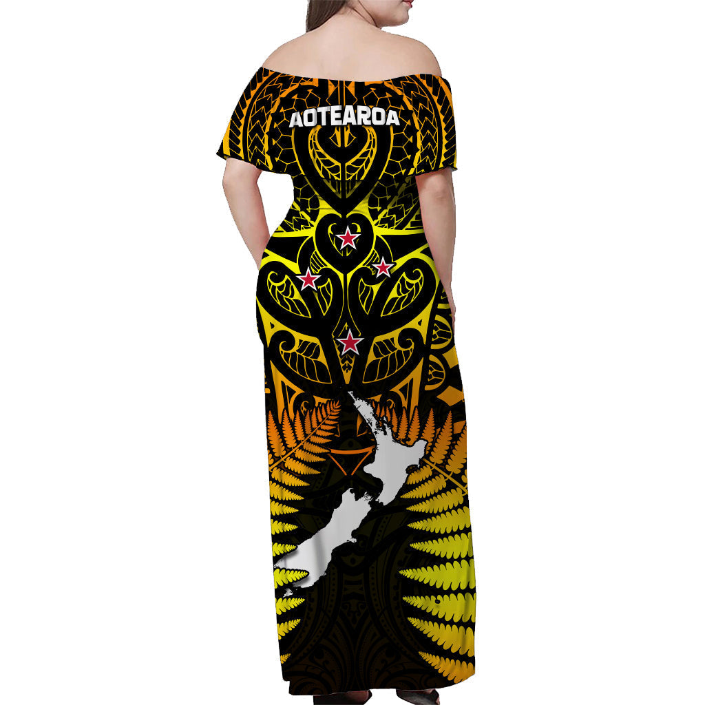 Aotearoa Fern Off Shoulder Long Dress New Zealand Hei Tiki Gold Style - Vibe Hoodie Shop