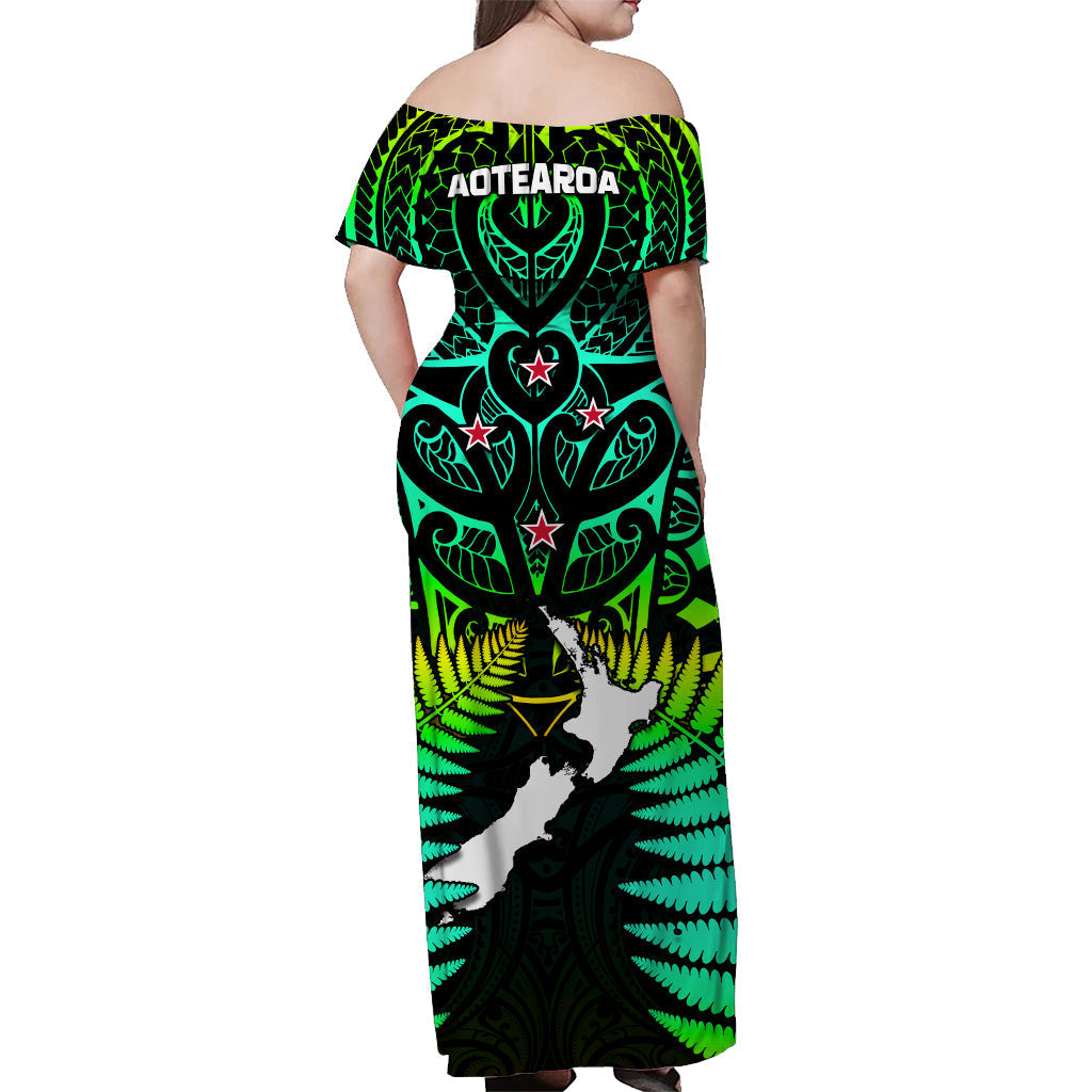 Aotearoa Fern Off Shoulder Long Dress New Zealand Hei Tiki Green Style - Vibe Hoodie Shop